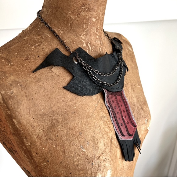 Statement textile necklace hand printed, leather OOAK festival wear - Picture 2 of 5